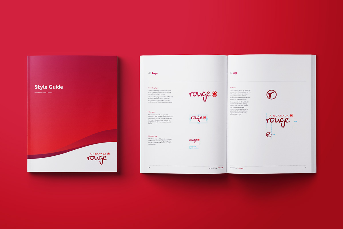 Front cover and interior spread of the Air Canada Rouge brand guidelines book