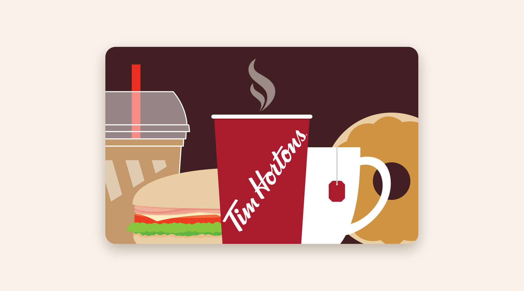 Tim Hortons gift card, generic Gift card illustrated with various food and beverage items from Tim Hortons