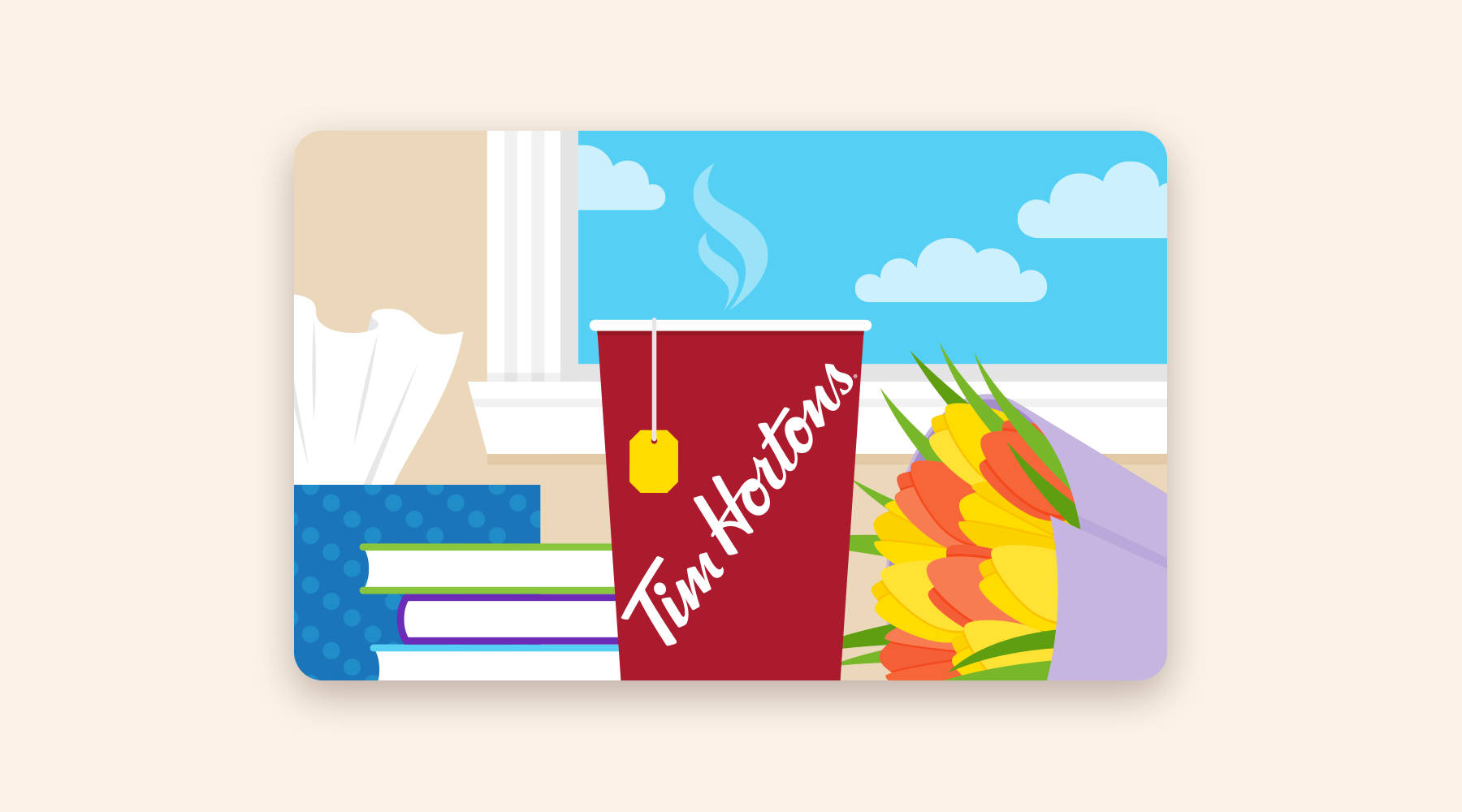 Gift card with a cup of tea, box of tissues, and bouquet of tulips