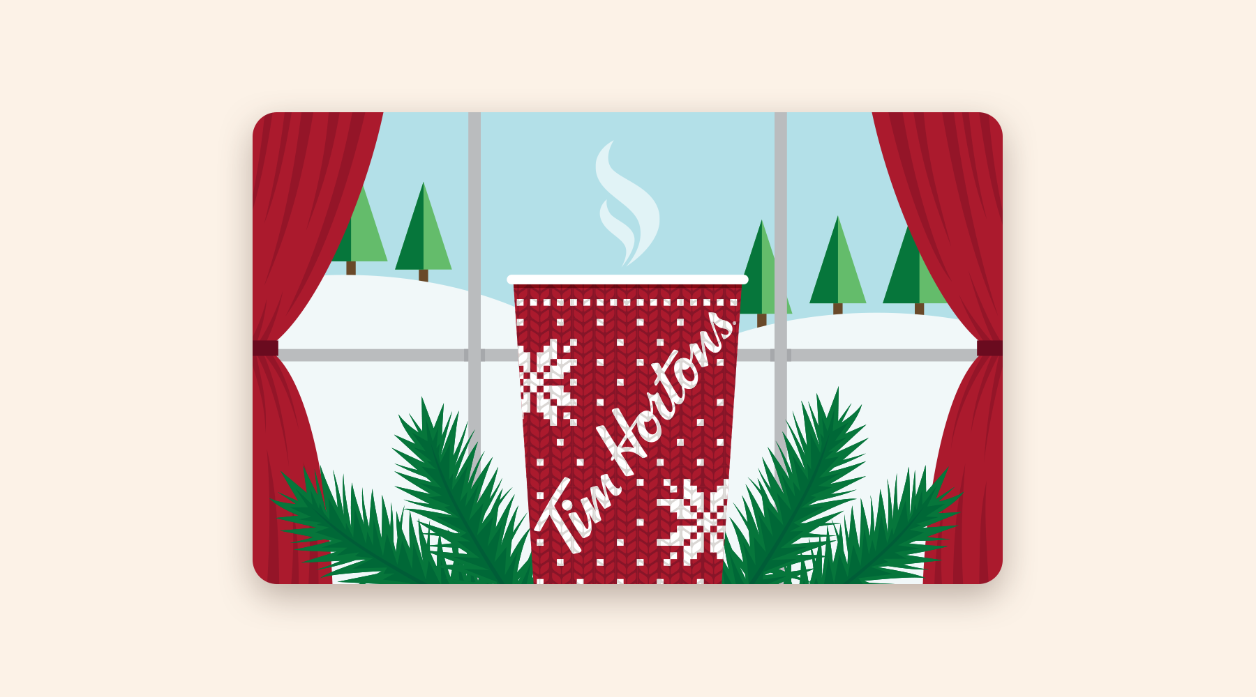 Holiday gift card with a cup of coffee against a snowy landscape
