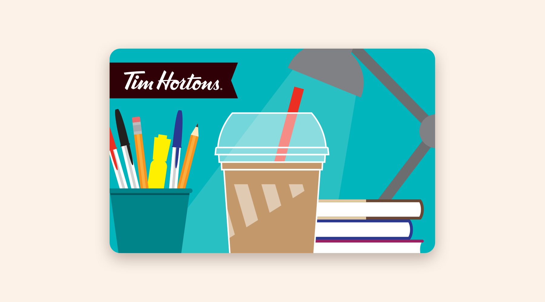 Gift card with an iced coffee in front of a pile of books and office supplies