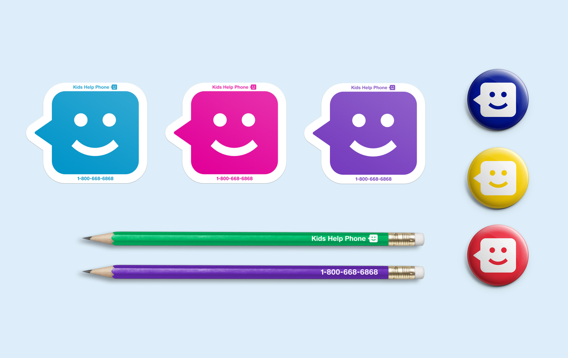 Die cut stickers, round pin badges, and pencils with Kids Help Phone branding in different colours