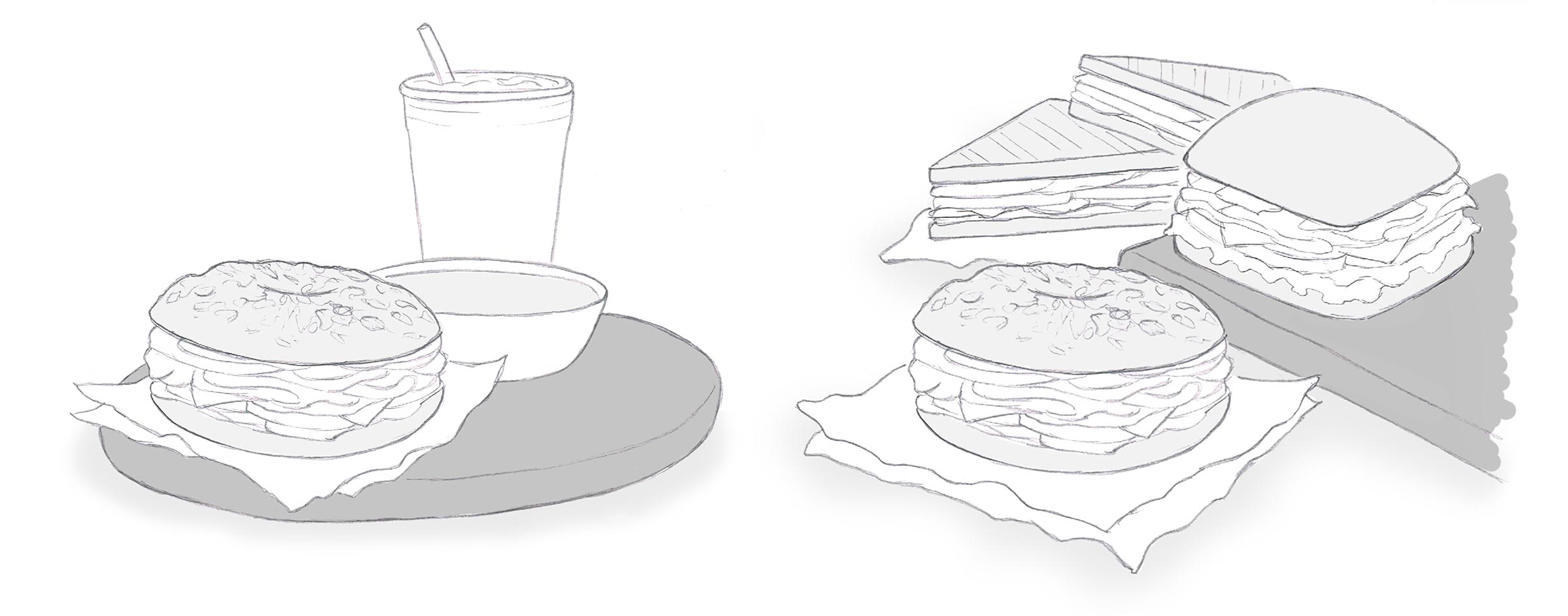 Hand-drawn sketches of sandwiches, a soup bowl and cold drink