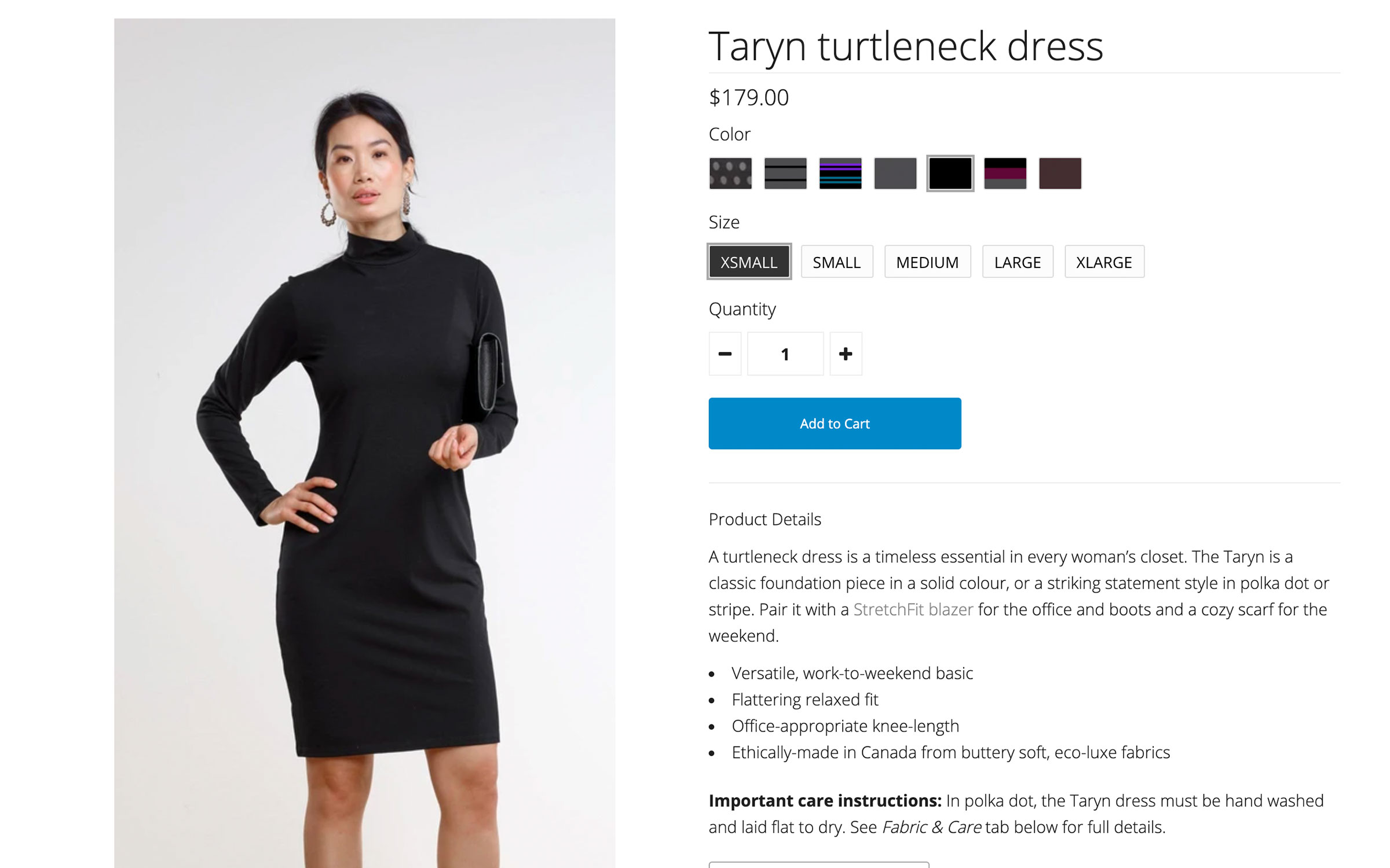 Screenshot of Miik's old website's product page. A photo of a model wearing a dress is cut off just below her knees.