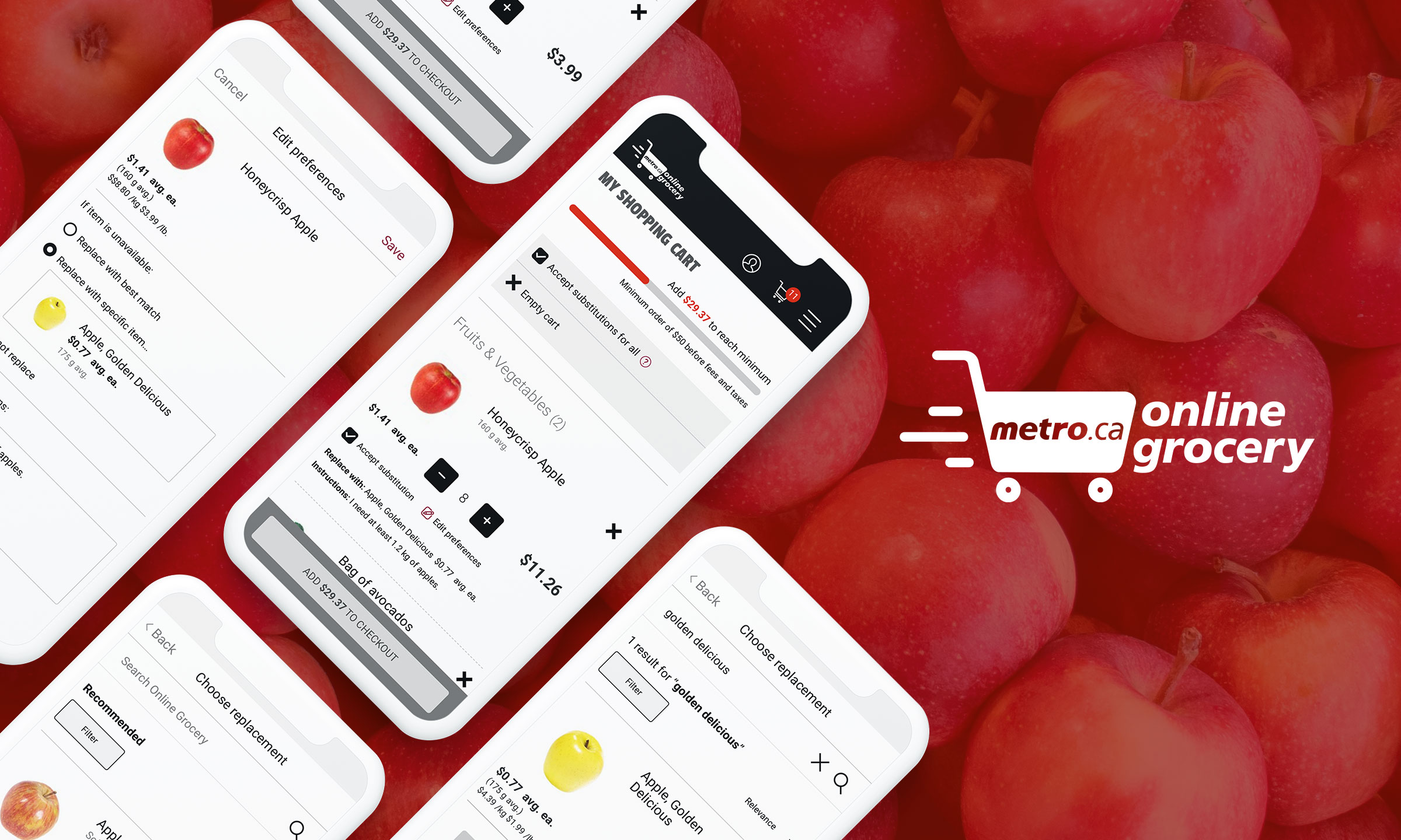 Mobile phones displaying different screens from the Metro grocery delivery app