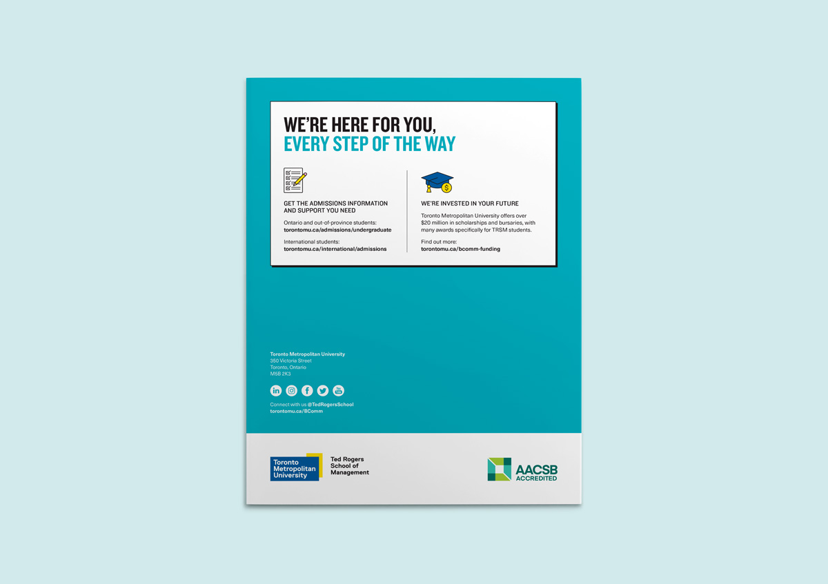 Back cover of the Ted Rogers School undergraduate program guide. It's teal with a white box containing information about admissions and scholarships.