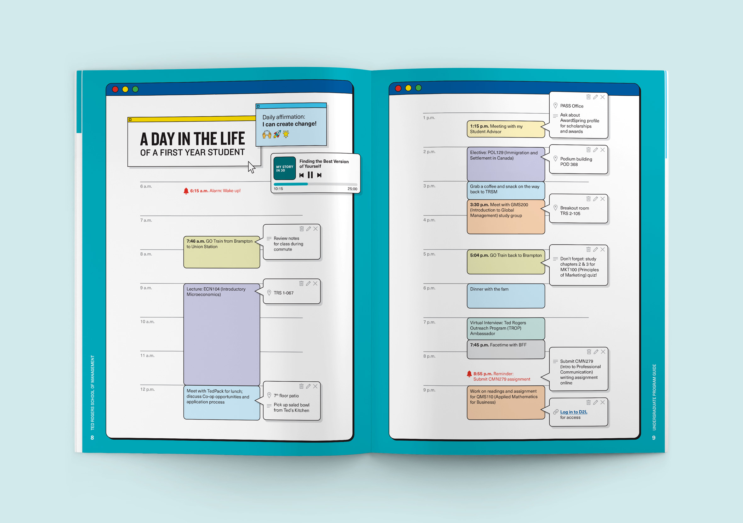 Brochure spread with a colourful illustration of a digital planner page titled, A Day in the Life of a First Year Student. It shows a full day of classes and meetings.