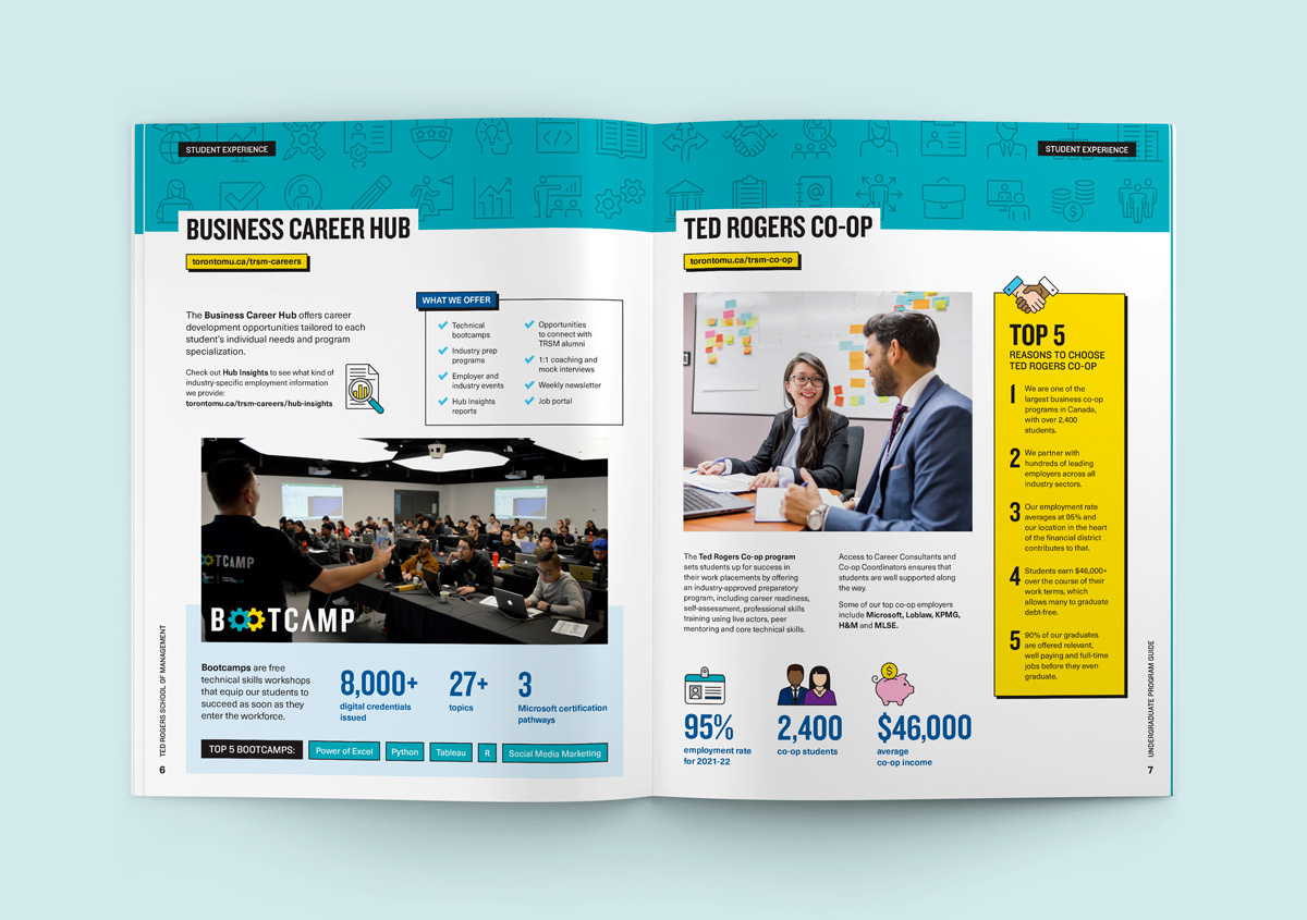 Brochure spread with information about the Business Career Hub on the left page and Ted Rogers Co-op on the right