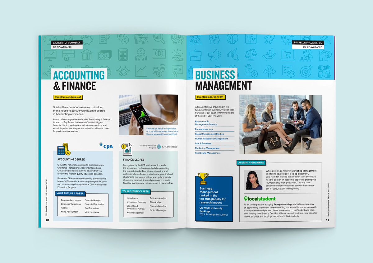 Brochure spread with Accounting and Finance on the left page and Business Management on the right
