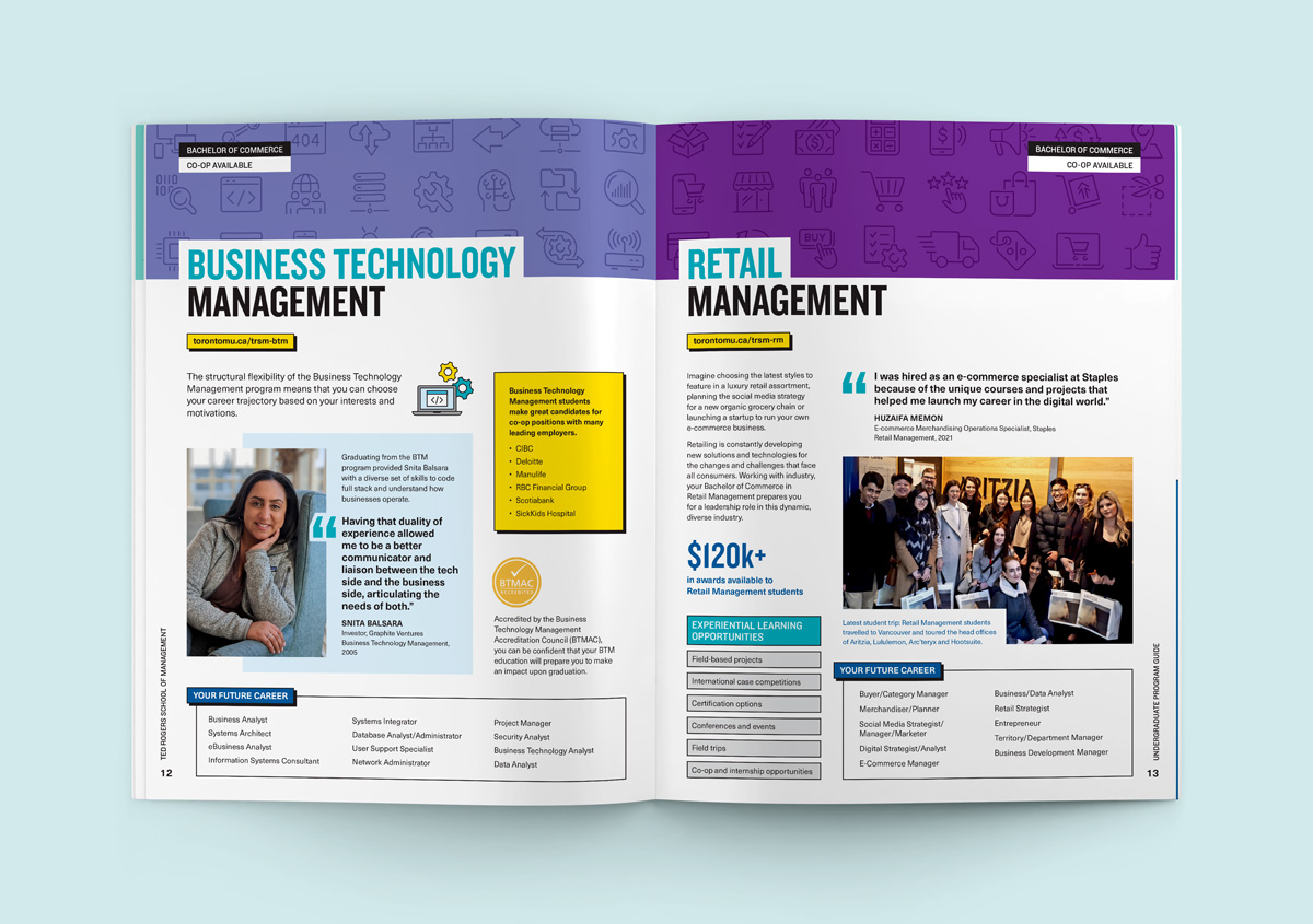 Brochure spread with Business Technology Management on the left page and Retail Management on the right