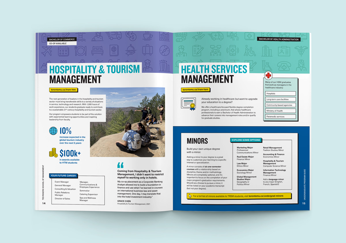 Brochure spread with Hospitality and Tourism Management on the left page and Health Services Management on the right