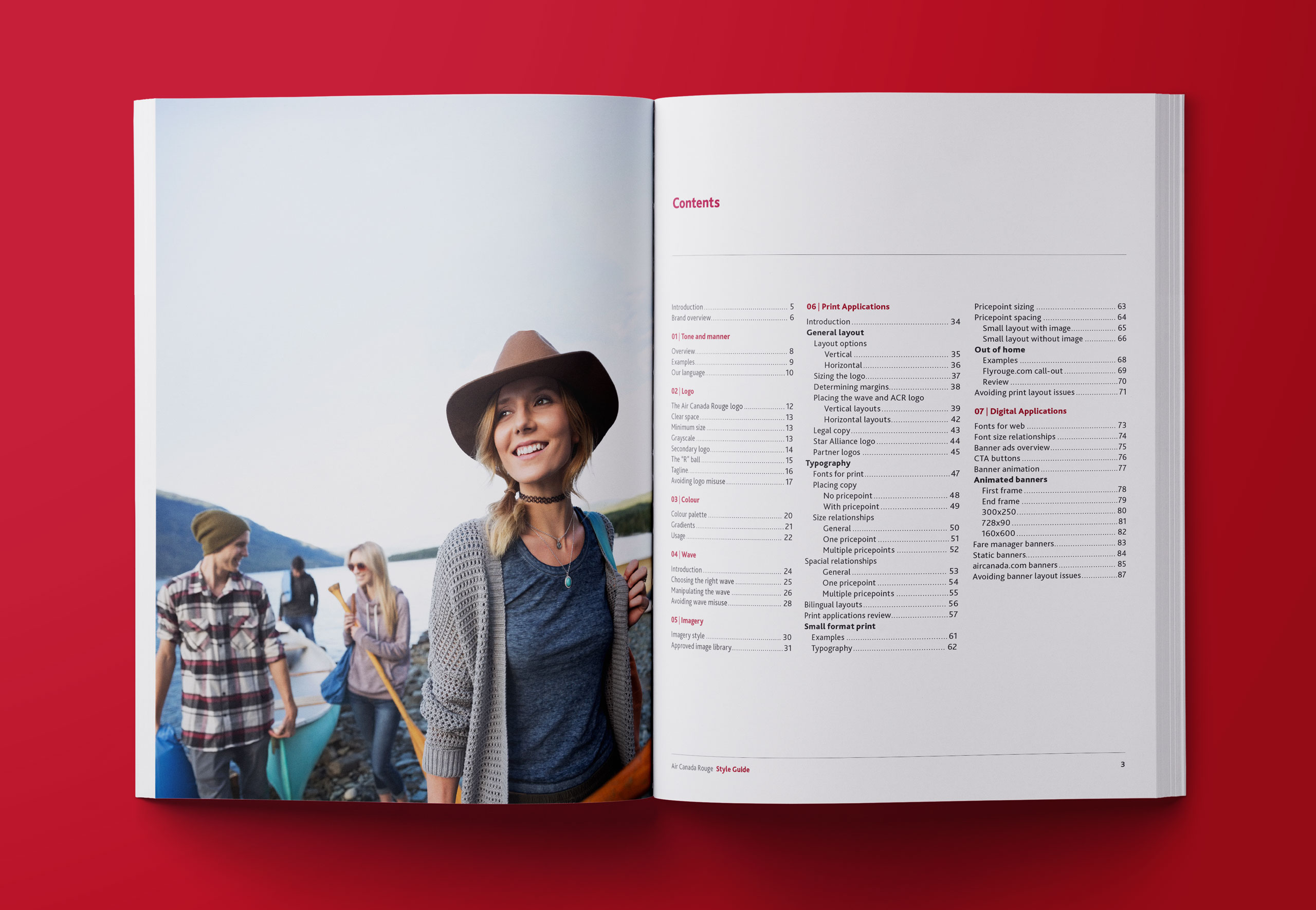 Book spread with a large image of a smiling woman by a lake on the left page and a table of contents on the right