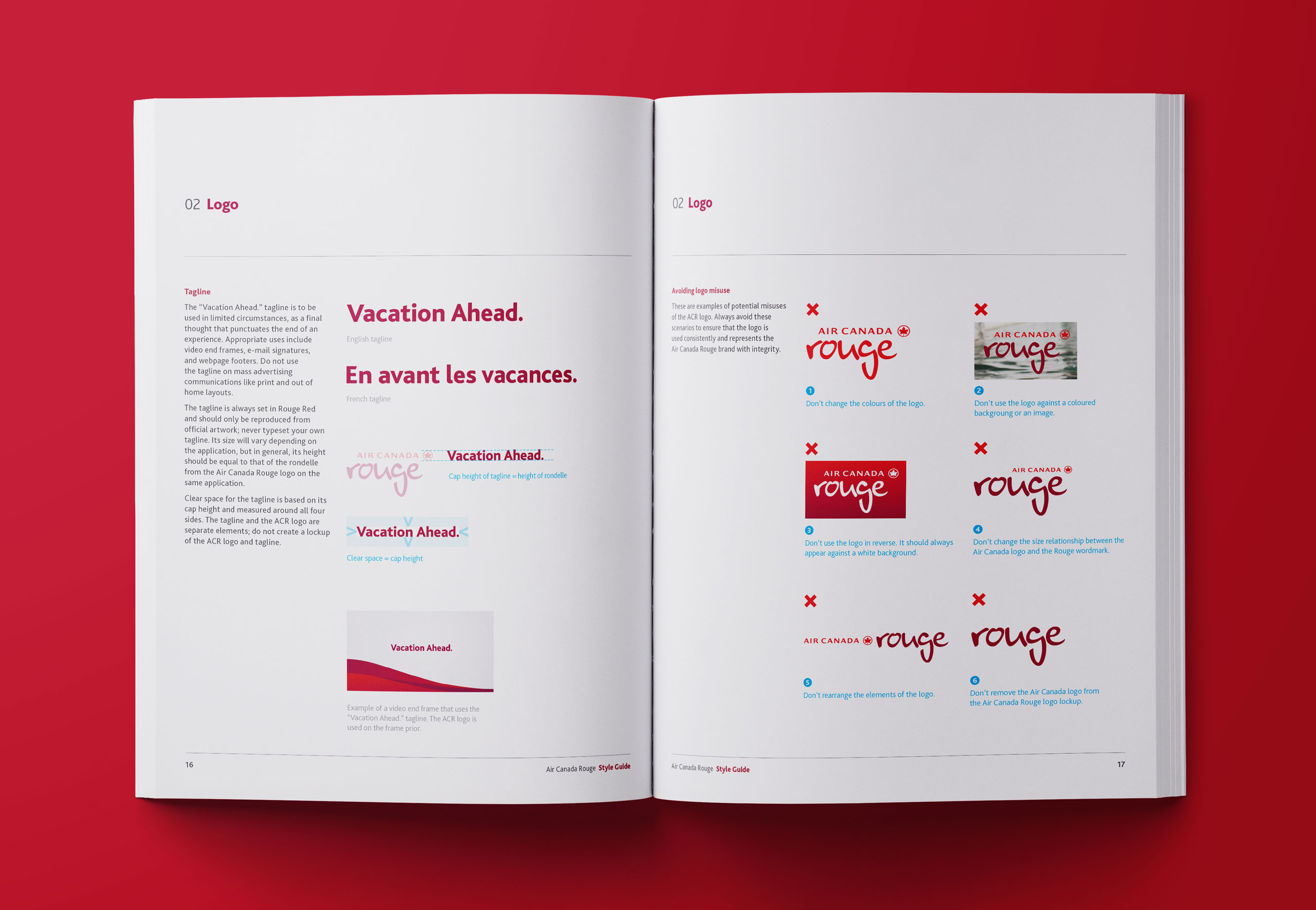 Book spread showing examples of how the Air Canada Rouge logo might be misused