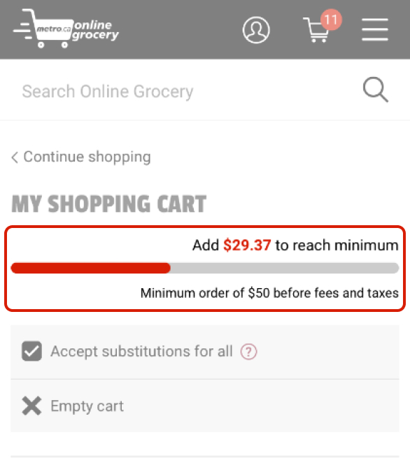 Shopping cart screen with a progress bar highlighted. The remaining dollar amount required to reach the minimum order threshold is indicated.
