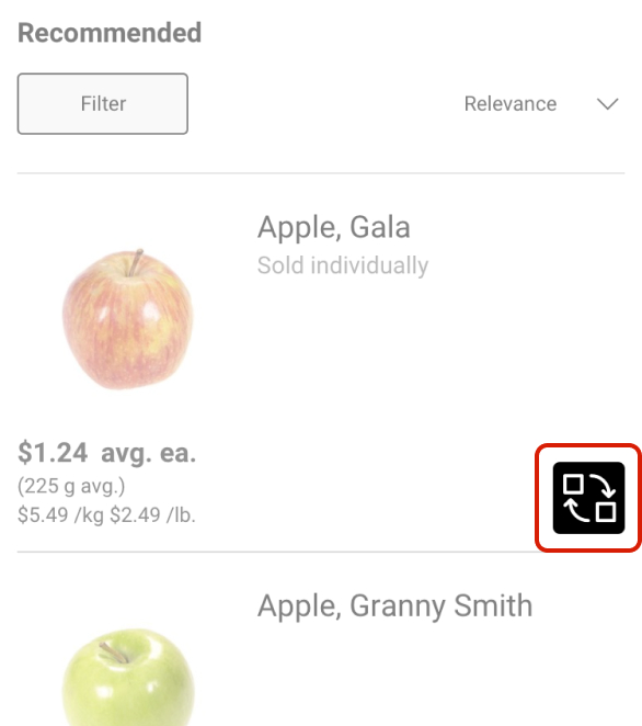 Search results screen for apples with a black button highlighted next to a product. The button has two circular arrows pointing to two squares.