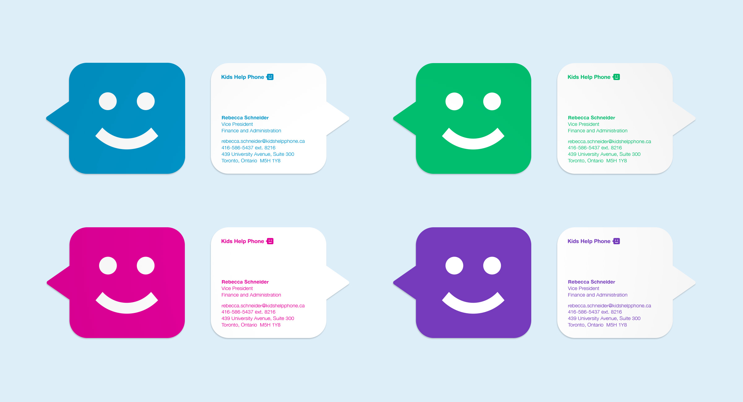 Front and back sides of business cards die cut in the shape of square speech bubbles
