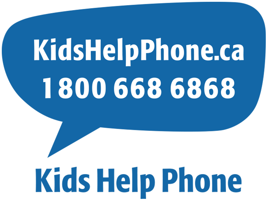 Kids Help Phone in blue text with a large oval speech bubble above it. Inside the bubble are the Kids Help Phone URL and phone number in white.