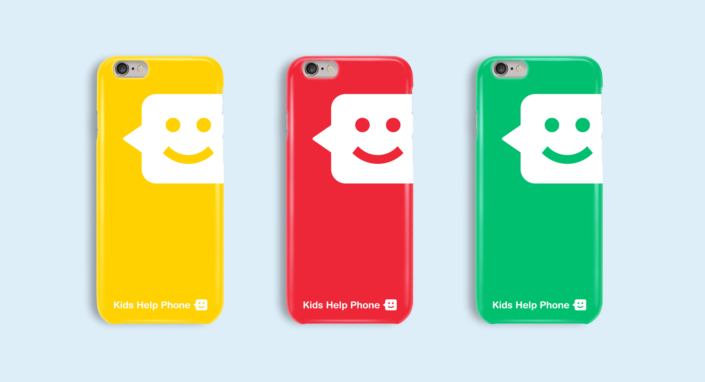 Yellow, red, and green phone cases with Kids Help Phone branding in white