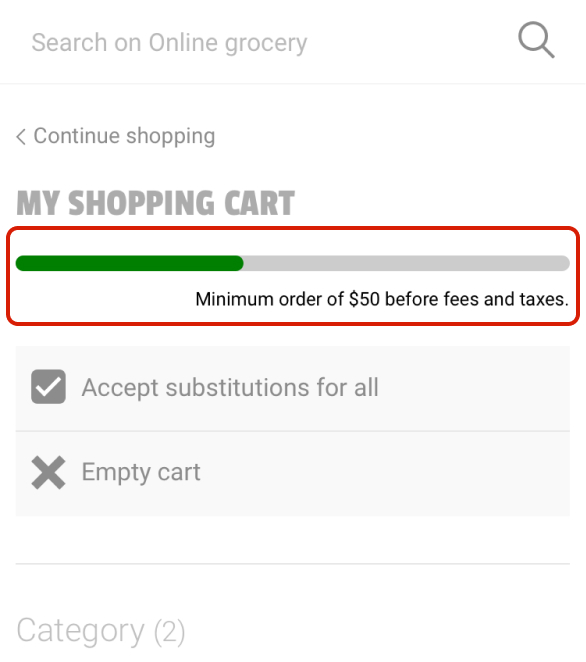 Shopping cart screen with a progress bar highlighted. There is no text equivalent for the amount shown in the progress bar.