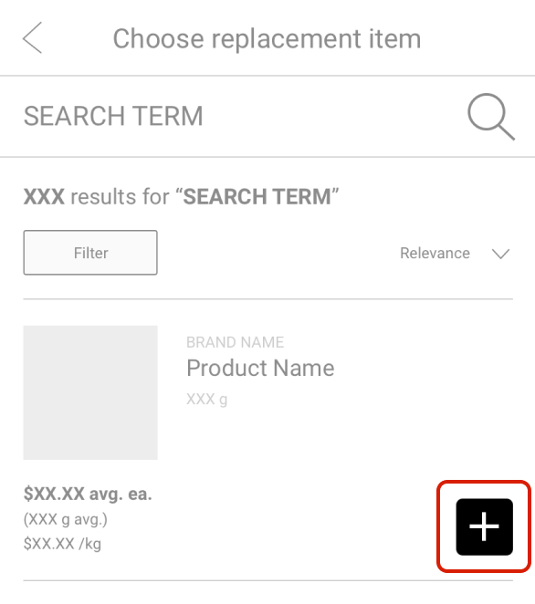 Search results screen with a black button highlighted next to a product. The button has a white plus sign on it.