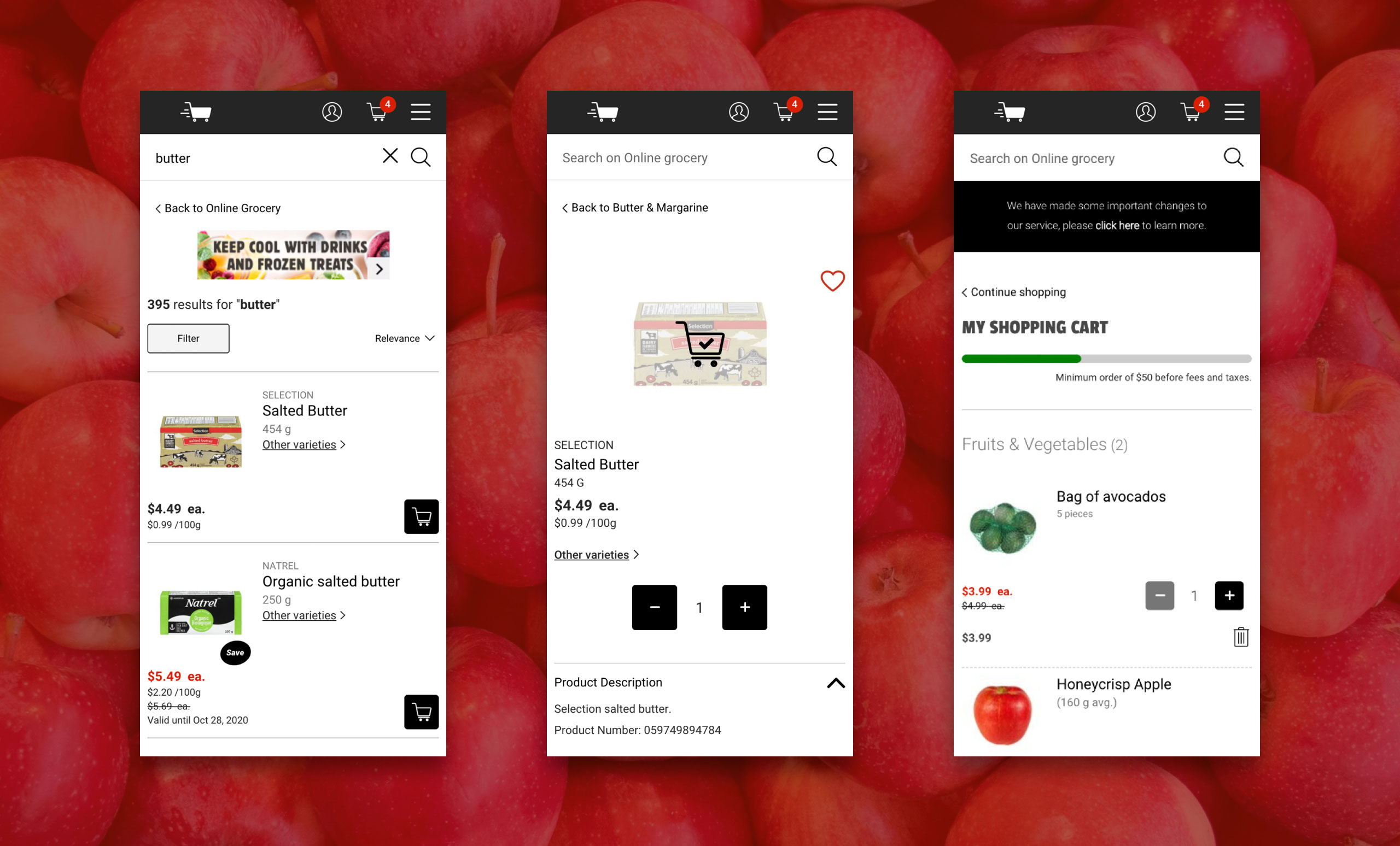 Three screens of an online grocery app showing a search results page for butter, a product page for butter, and a shopping cart