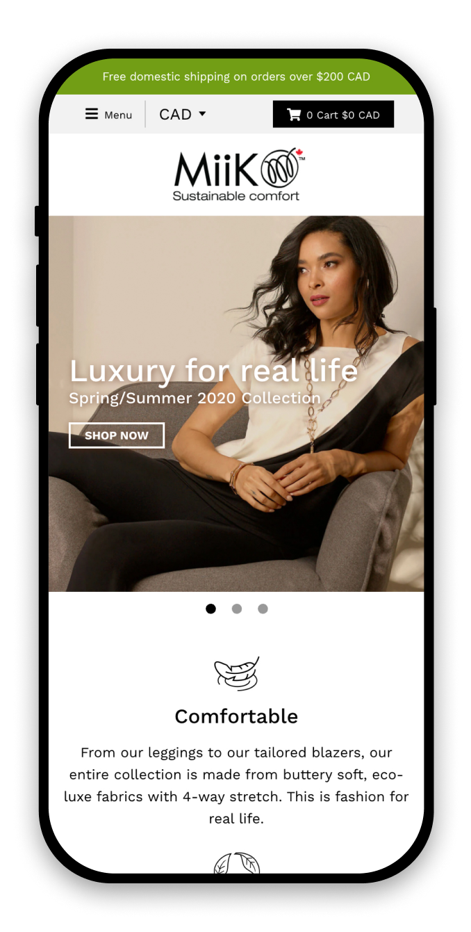 Mobile screen showing a store homepage with a large image of a fashion model with icons and text below