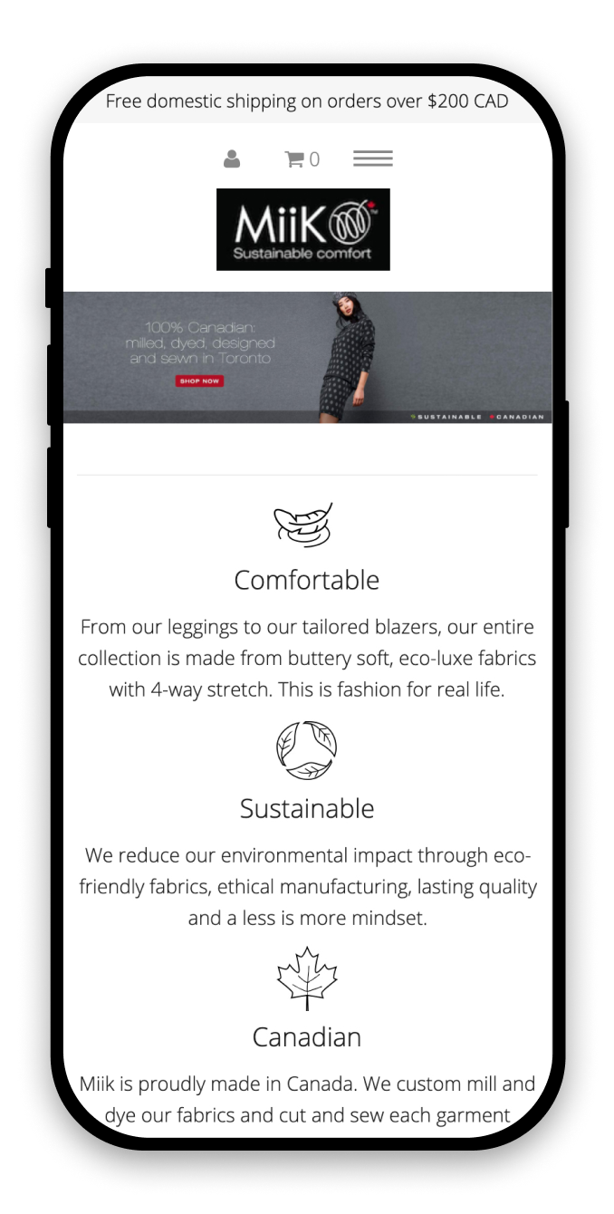 Mobile screen showing a store homepage with a small image of a fashion model with icons and text below