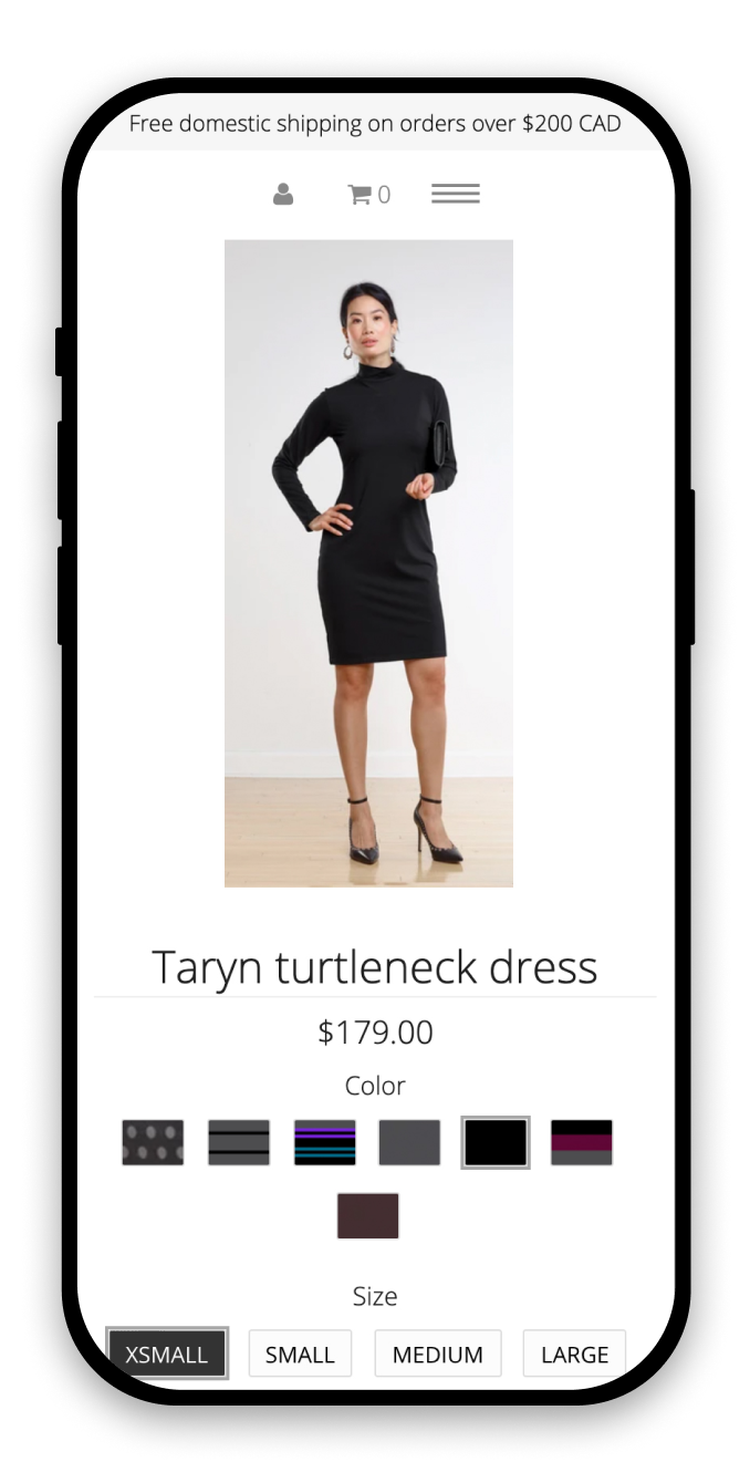 Mobile product page showing a large image of a model wearing a dress with colour and size swatches below