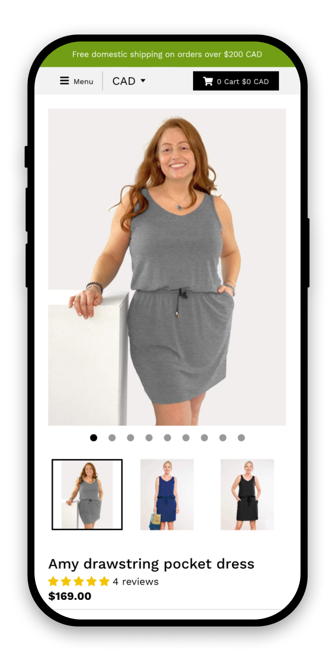 Mobile product page showing a large image of a model wearing a dress with three smaller images below