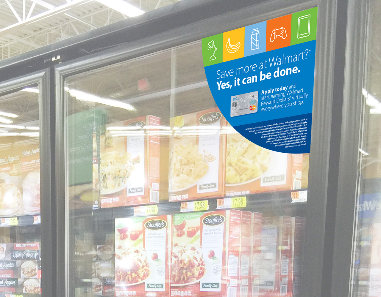 Display freezer with a blue quarter circle sticker in the top corner advertising a Walmart Rewards credit card