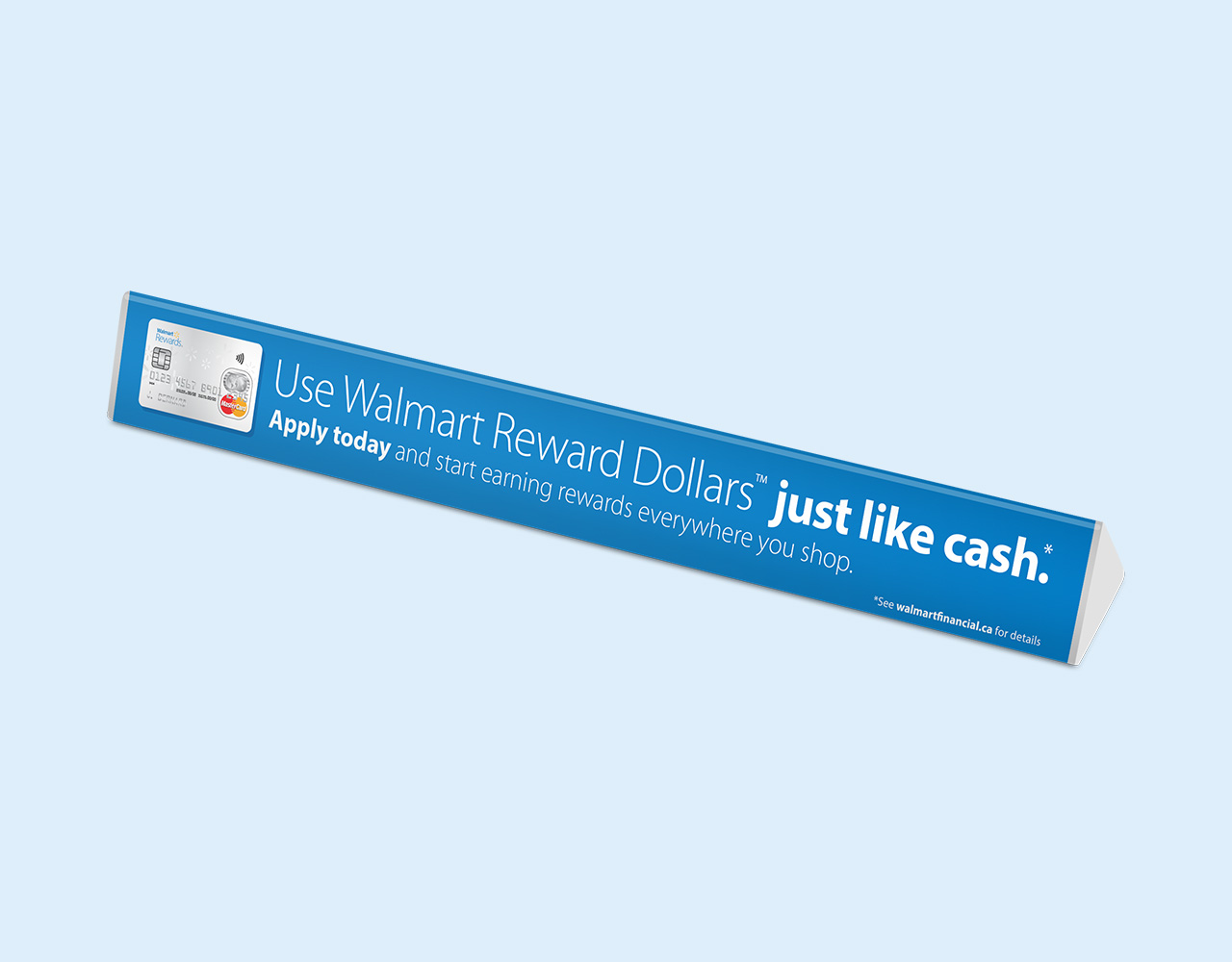 Blue checkout lane divider with an image of a silver credit card and text that reads, Use Walmart Reward Dollars just like cash