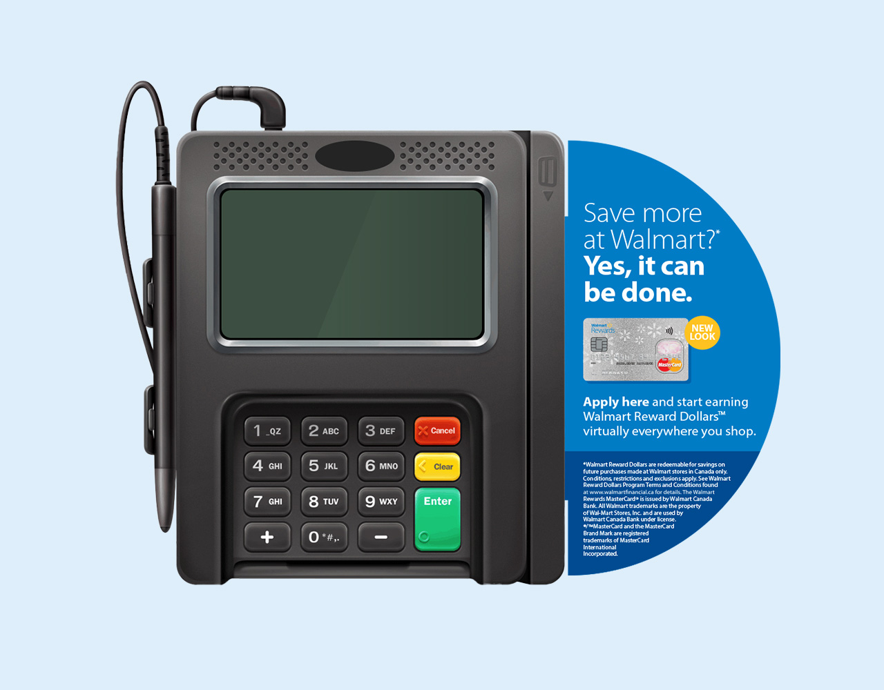 POS terminal with a half-circle sign stuck to its right side advertising a Walmart Rewards credit card