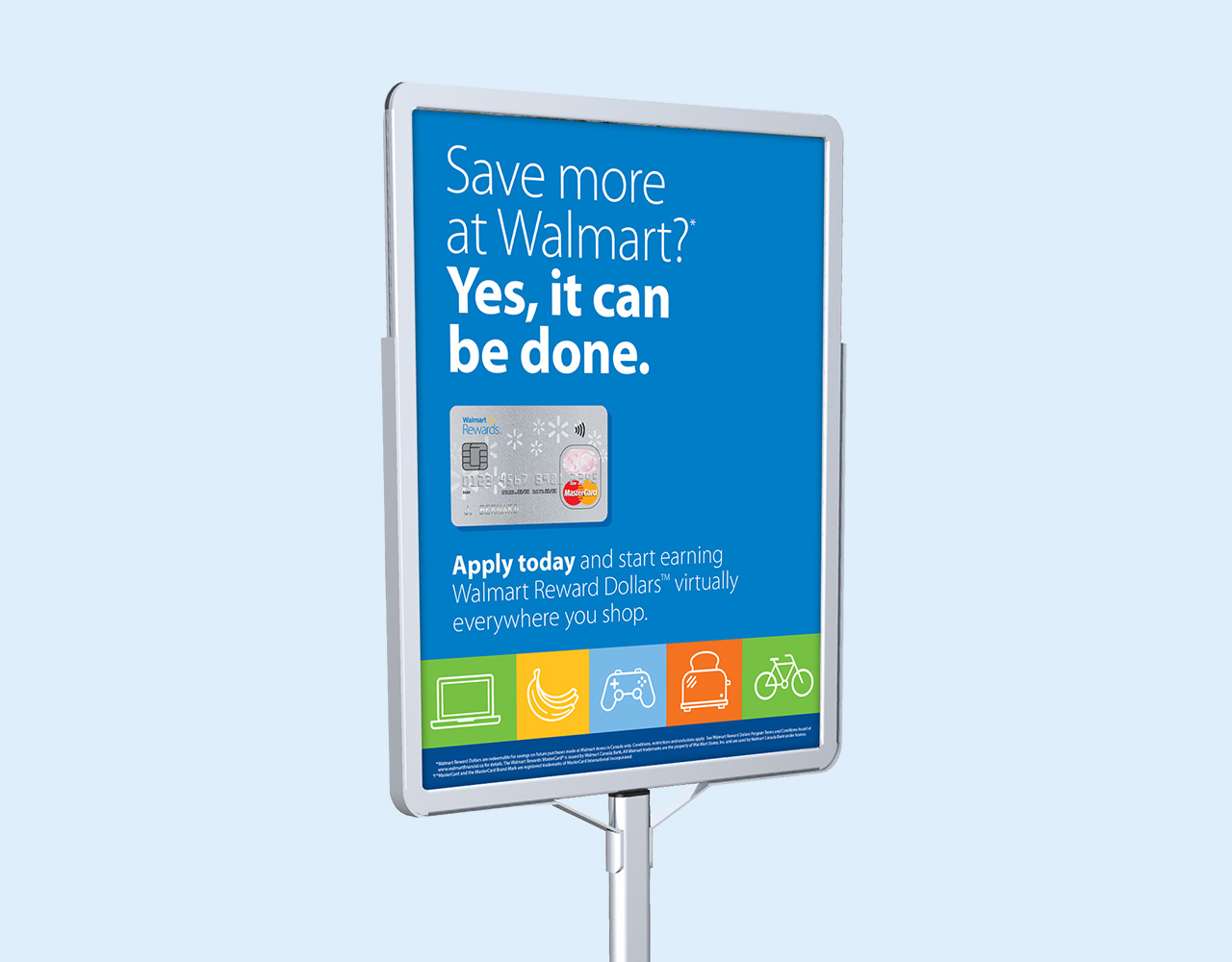 Mockup of a sign holder with a blue poster advertising a Walmart Rewards credit card