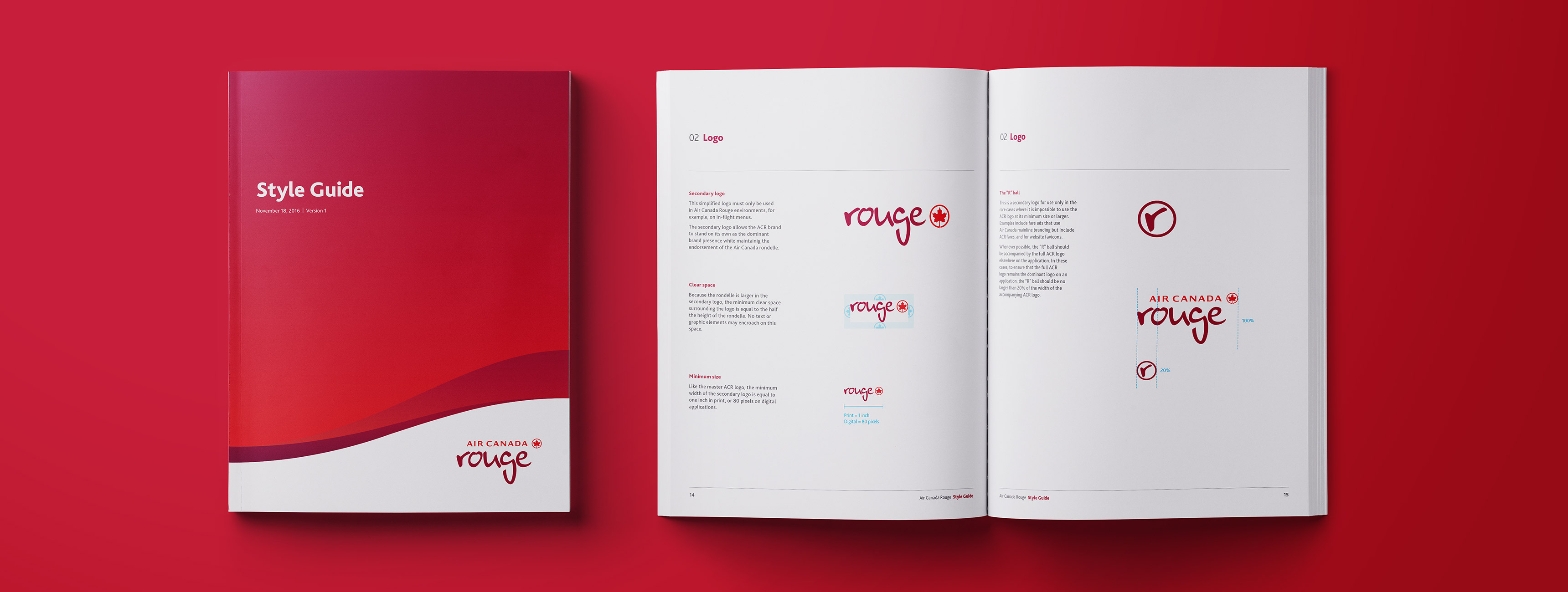 Cover and interior spread from the Air Canada Rouge style guide