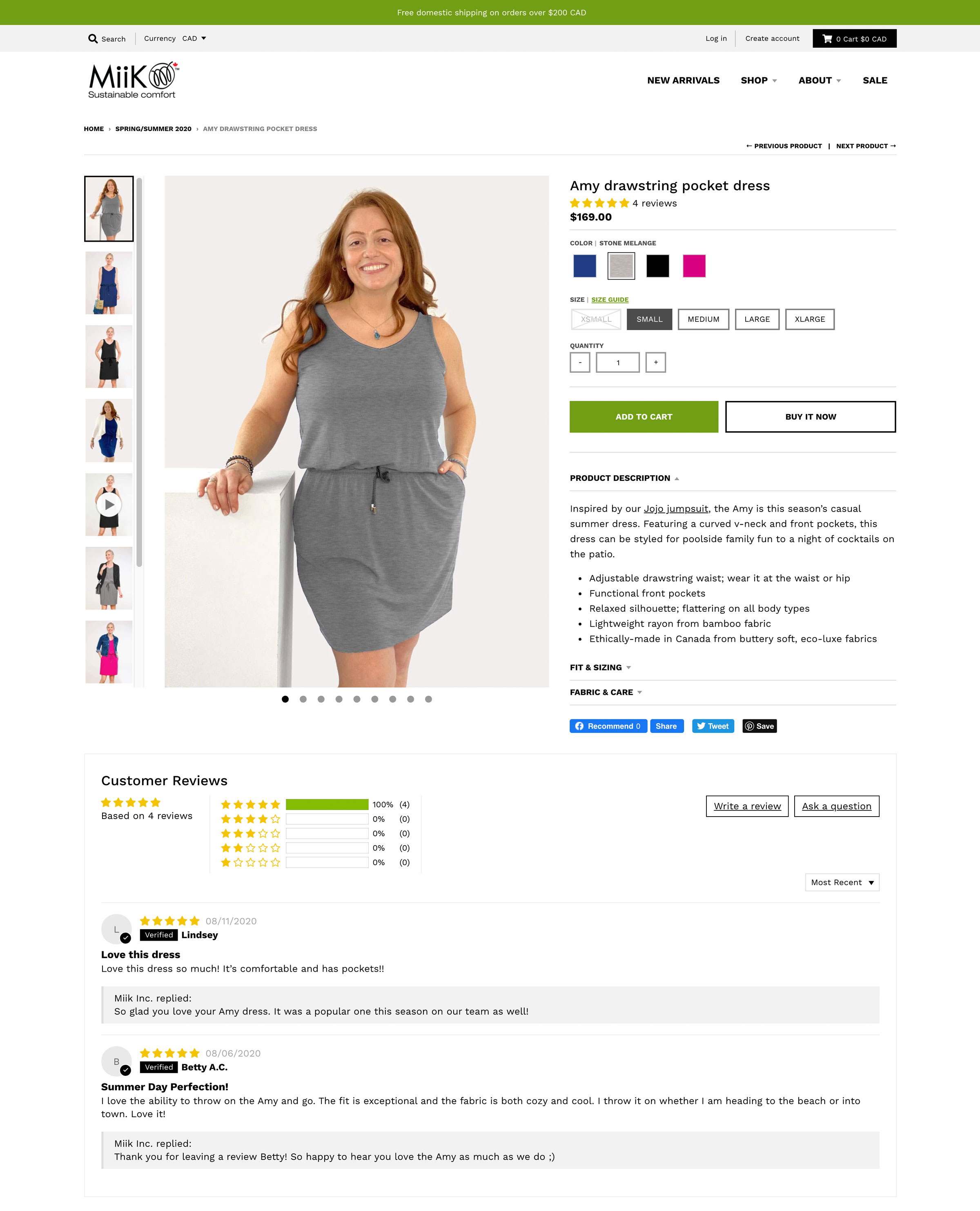 Screenshot of Miik's new product page design, with a large photo of a woman in a dress and small thumbnails of additional images to its left.