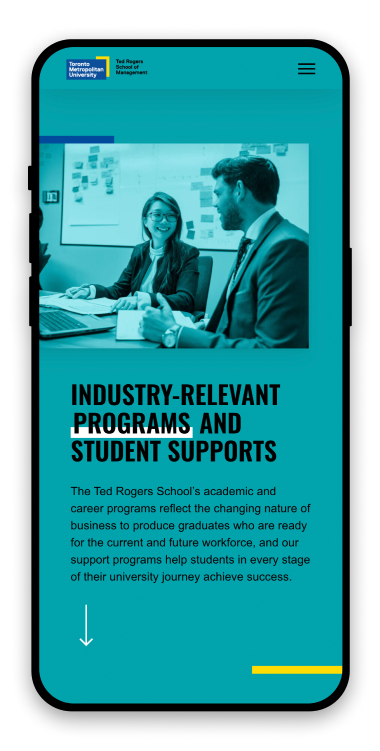 Mobile screen with a page titled, Industry-Relevant Programs and Student Supports. The background is teal and there is a photo of a smiling woman and her male colleague in an office.