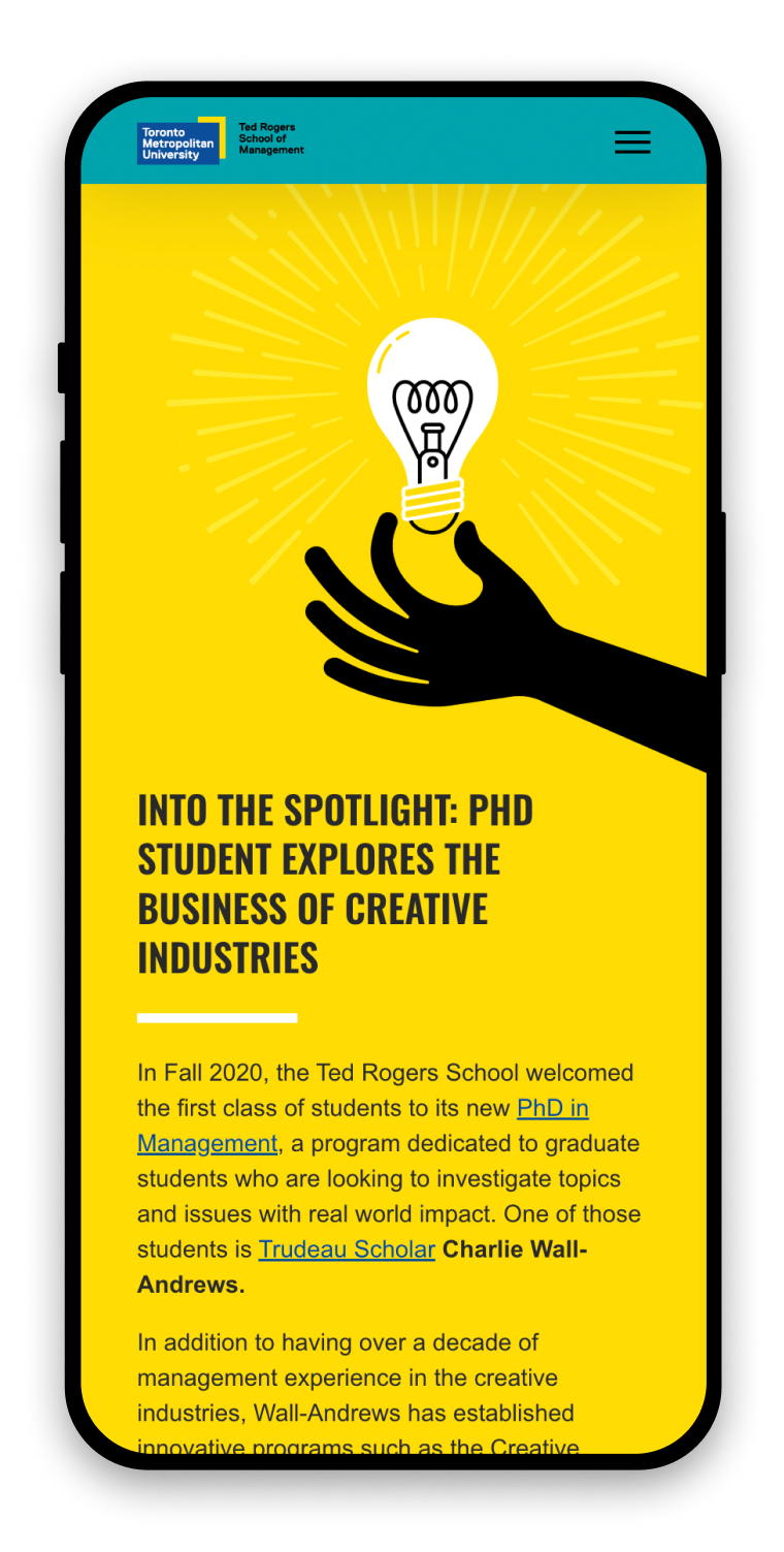 Mobile screen with an article titled, Into the Spotlight: PHD Student Explores the Business of Creative Industries. It has a yellow background with a flat illustration of a hand holding a lightbulb.