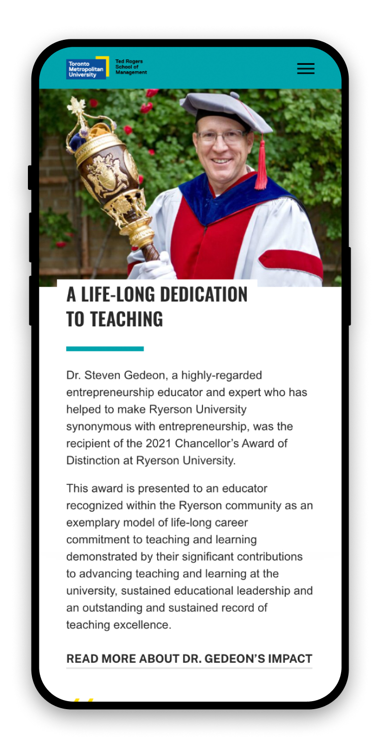 Mobile screen with an article titled, A Life-Long Dedication to Teaching. It features a photo of Dr. Steven Gedeon in doctoral regalia.