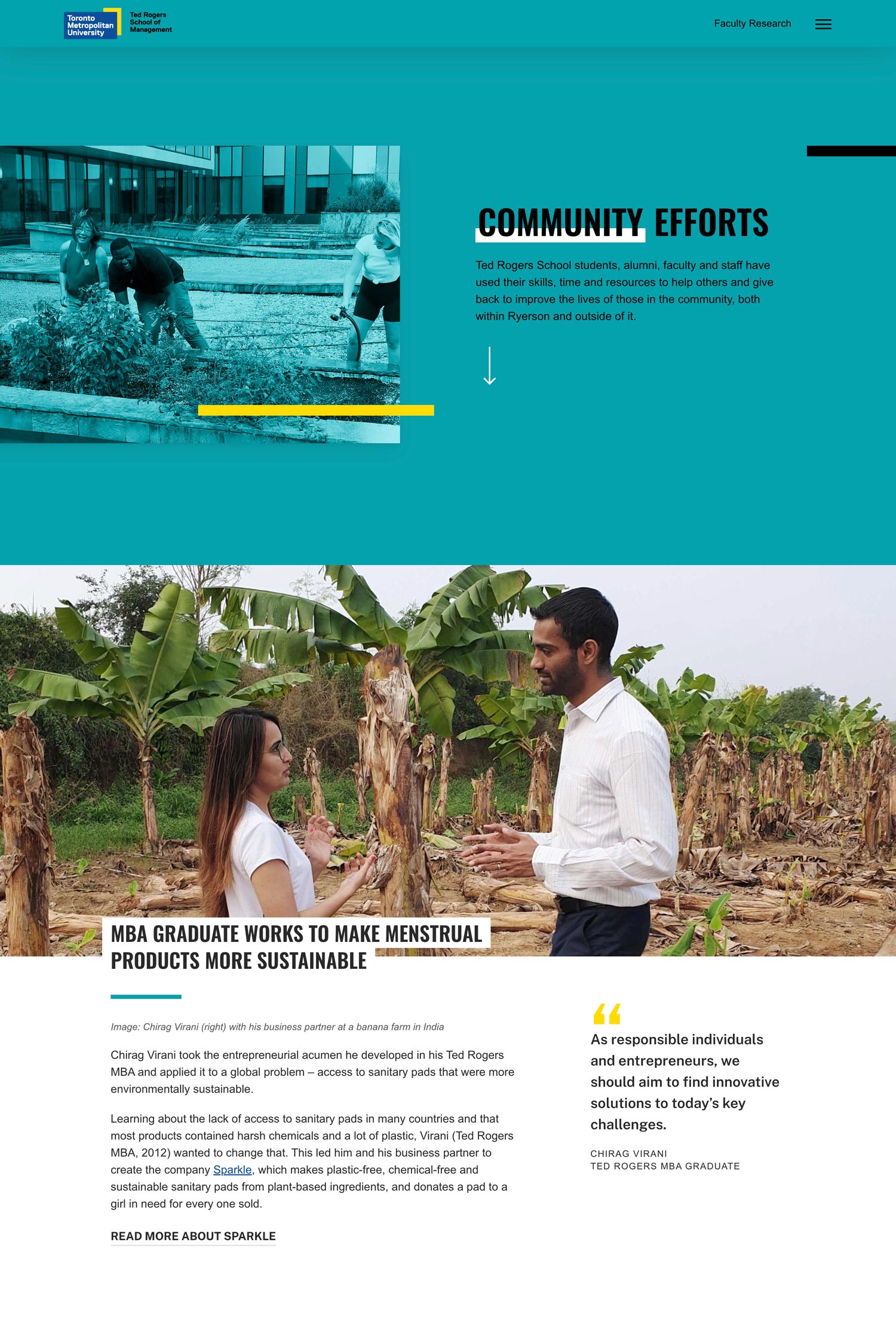 Introduction to the community section of the report website. The intro has a teal background and the story below has an image of two people talking in front of banana trees.