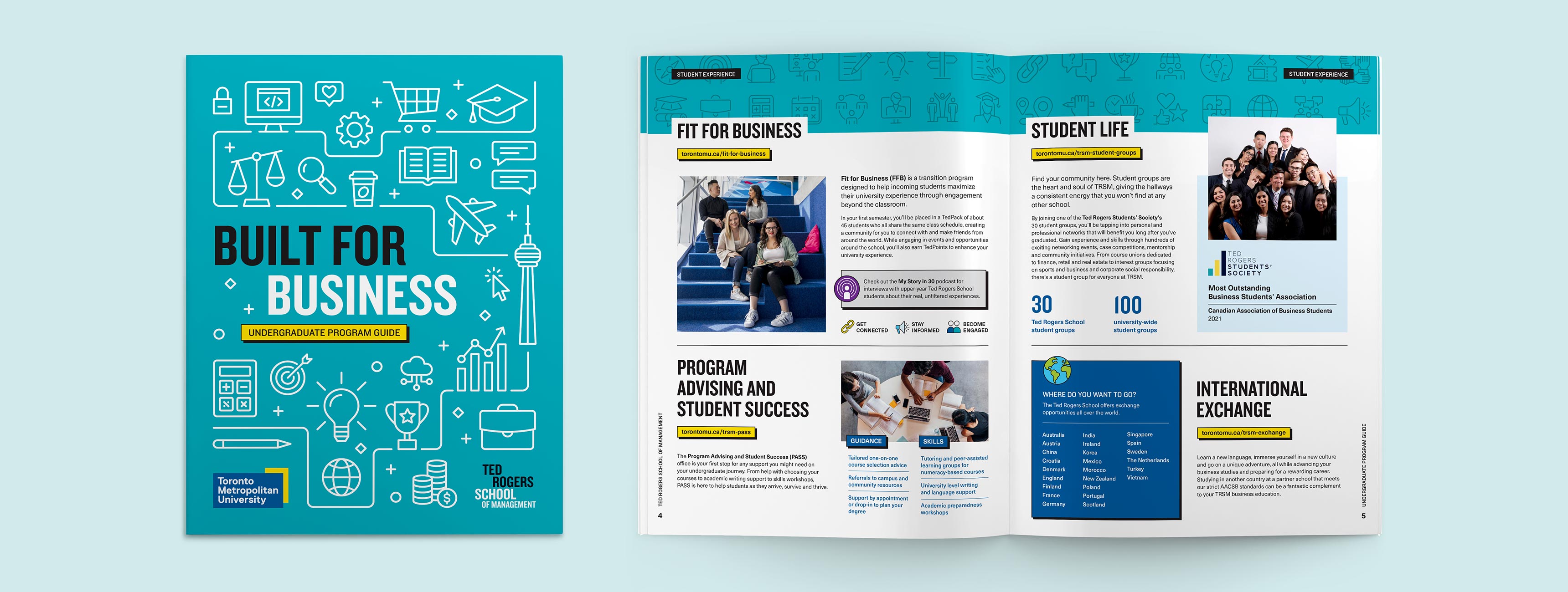 Cover and interior spread from the Ted Rogers School undergraduate program guide