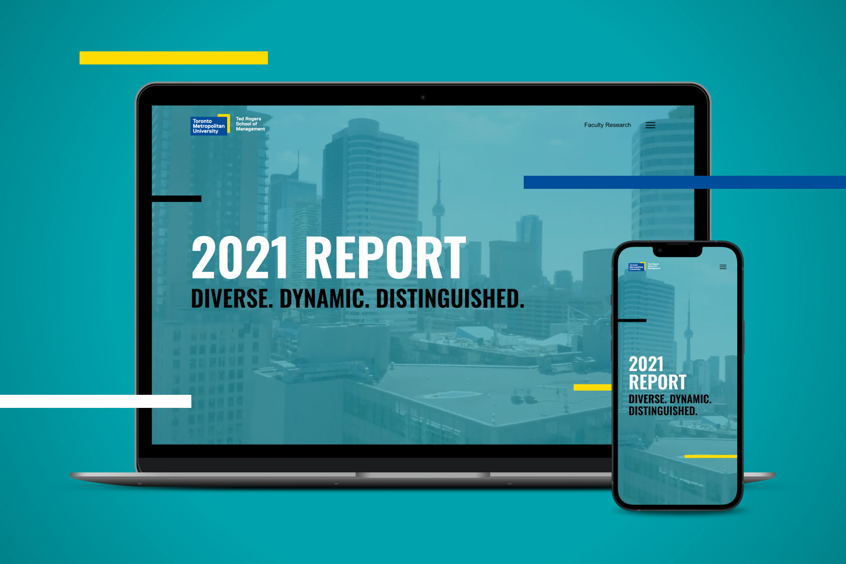 Laptop and a mobile phone with the Ted Rogers School 2021 Annual Report homepage displayed