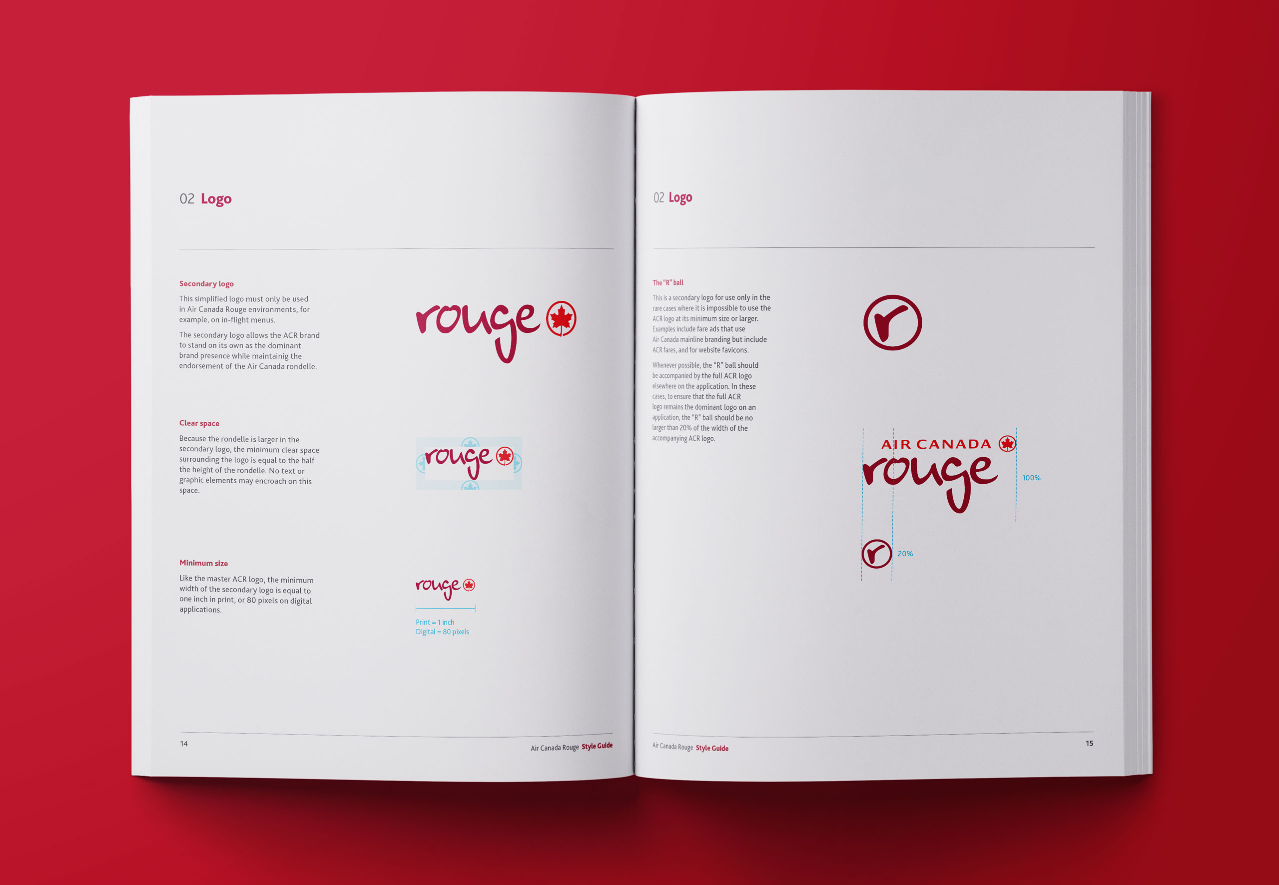 Book spread showing rules for sizing and clear space around the Air Canada Rouge logo