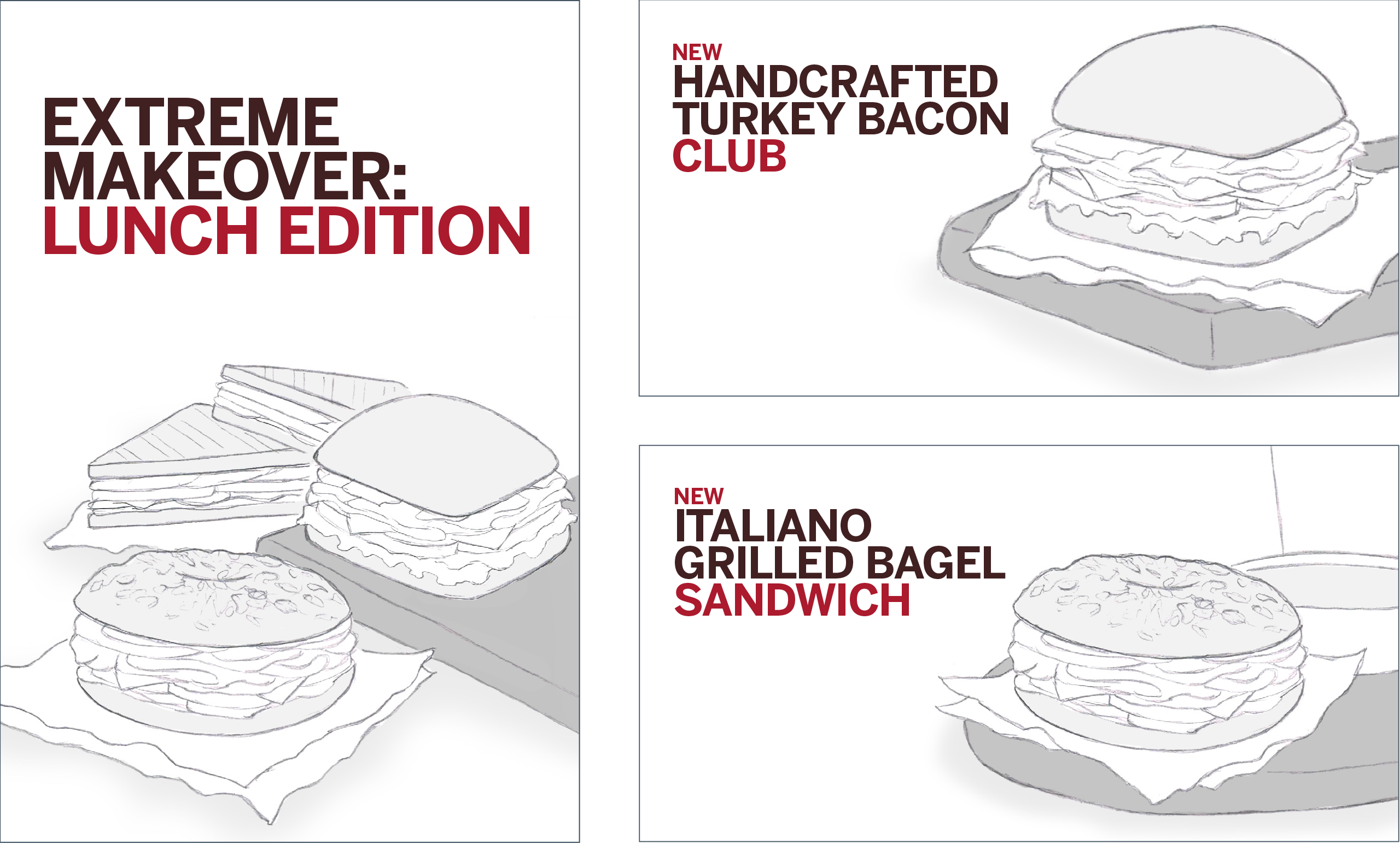 Ad layouts with hand-drawn sketches of sandwiches