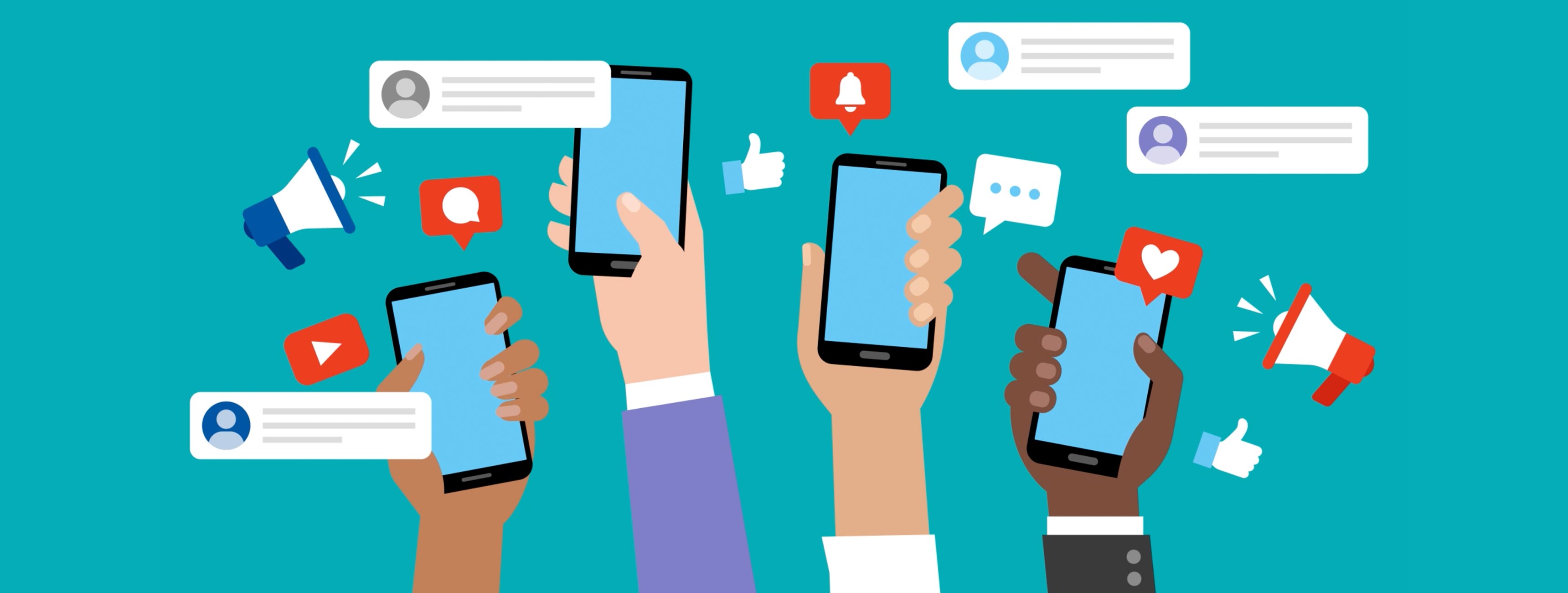 Illustration of hands holding up smartphones with notification icons, thumbs-up icons, and megaphones floating around them